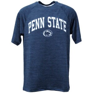 navy heather short sleeve performance t-shirt with Penn State arched above Athletic Logo